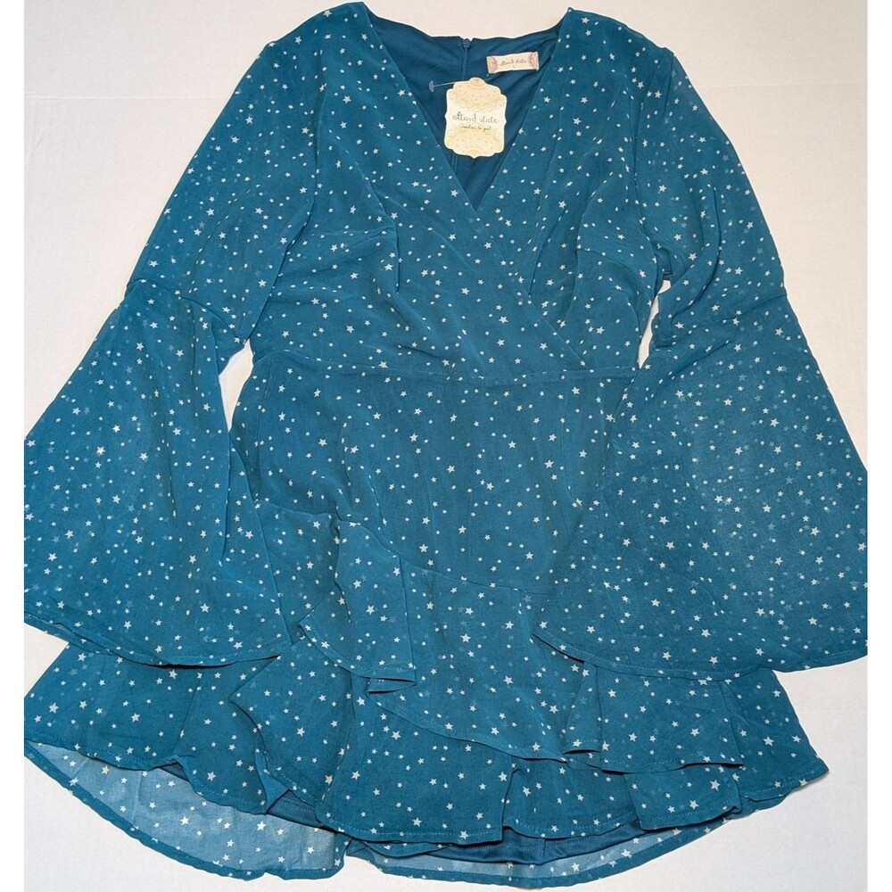 NWT Alter'd State Dress Women's L Baby doll Mini Stars Teal Long Bell Sleeve NEW
